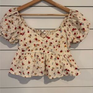 Altar'd State Floral Puff Sleeve Blouse - Cream, Red, Orange